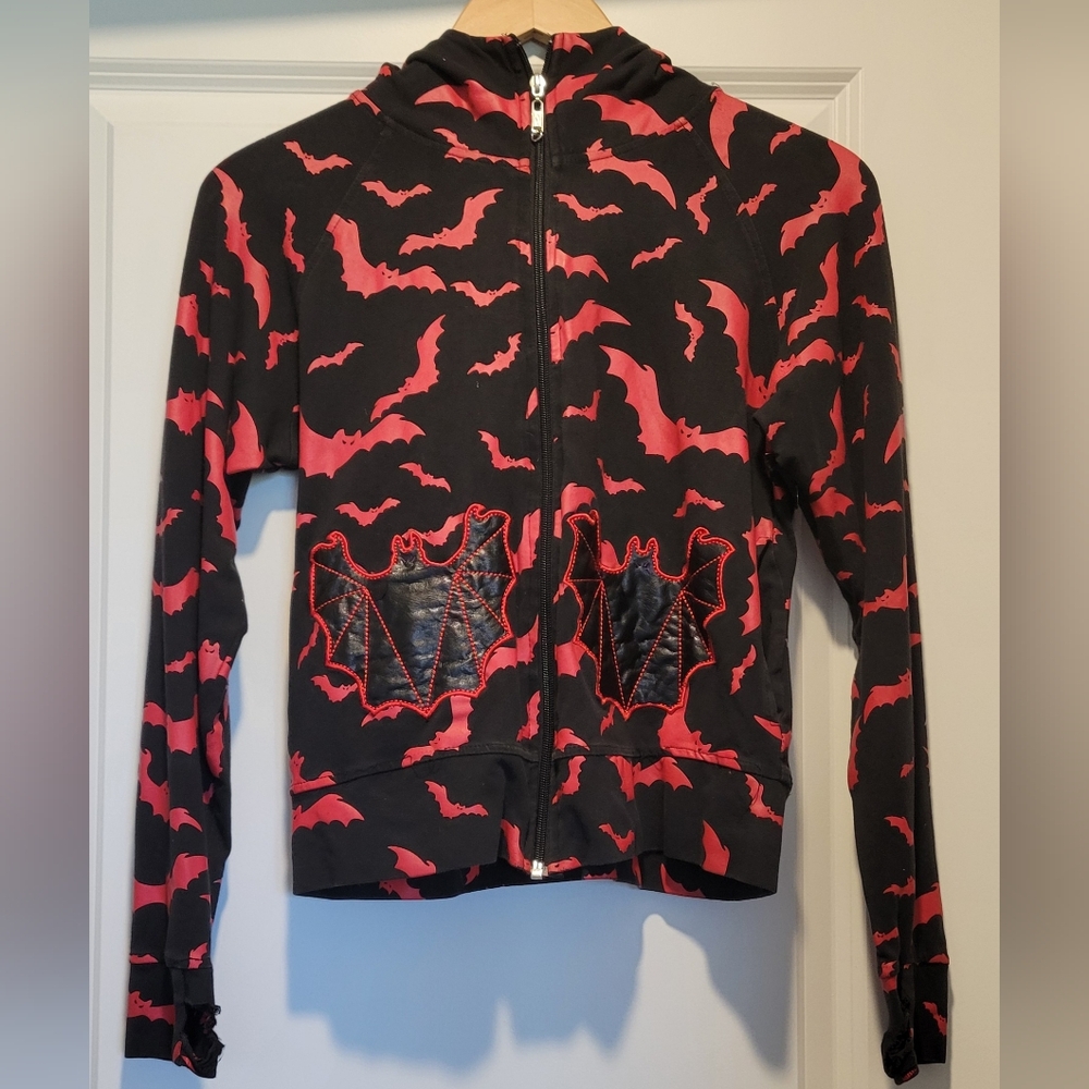 Goth Women's Black Hoodie With Red Bats and Bat Ears